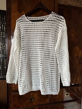 Women’s Open-Knit Crewneck Sweater - White